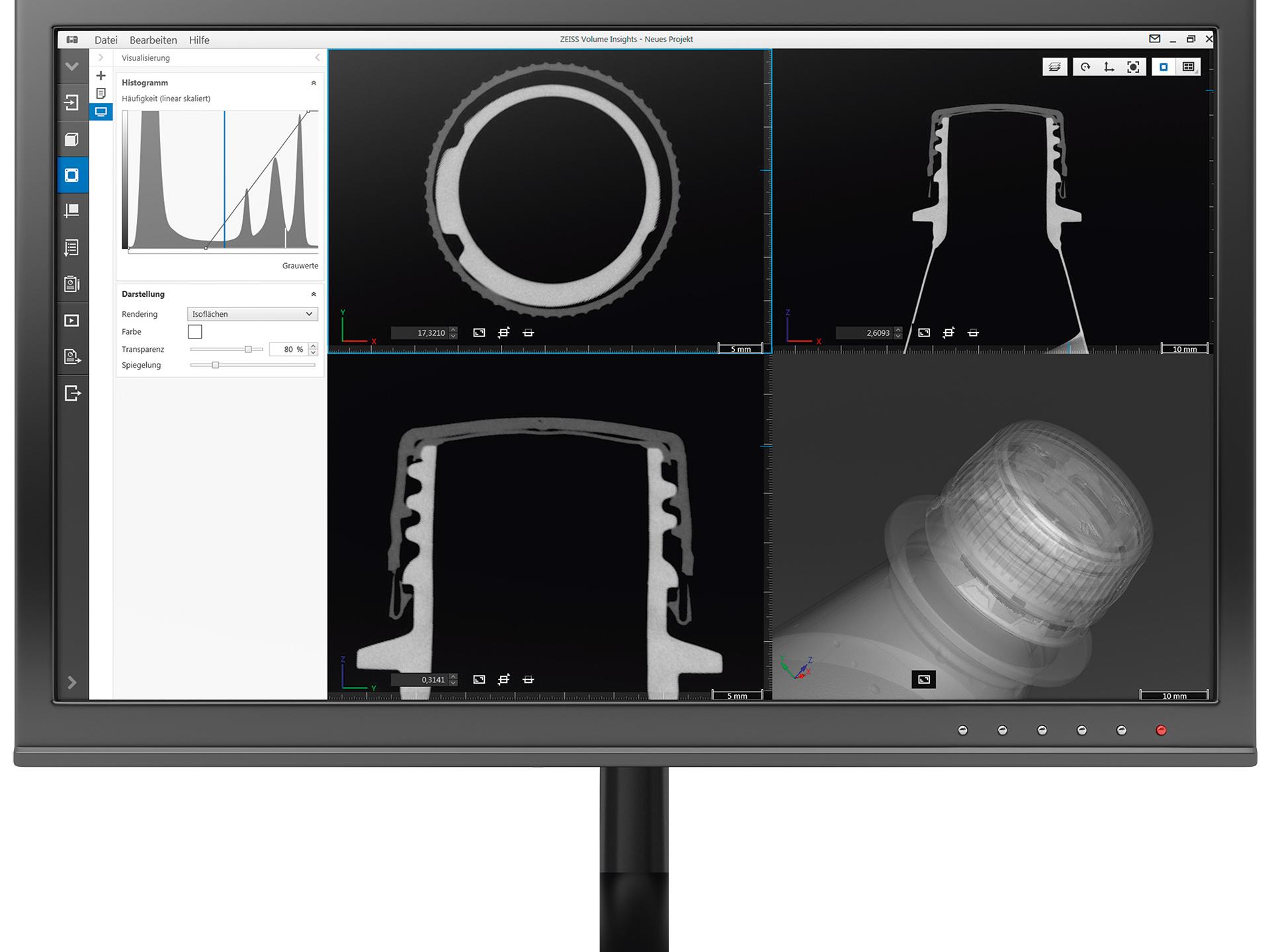 Die Ansicht der CT-Daten mittels der Software ZEISS NEO insights zeigt, ob der Verschluss richtig auf der Flasche sitzt.