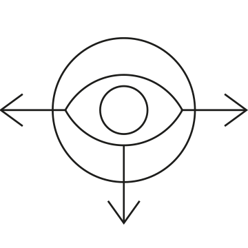Symbol mit einem Auge in einem Kreis drei Pfeilen – links, unten und rechts.