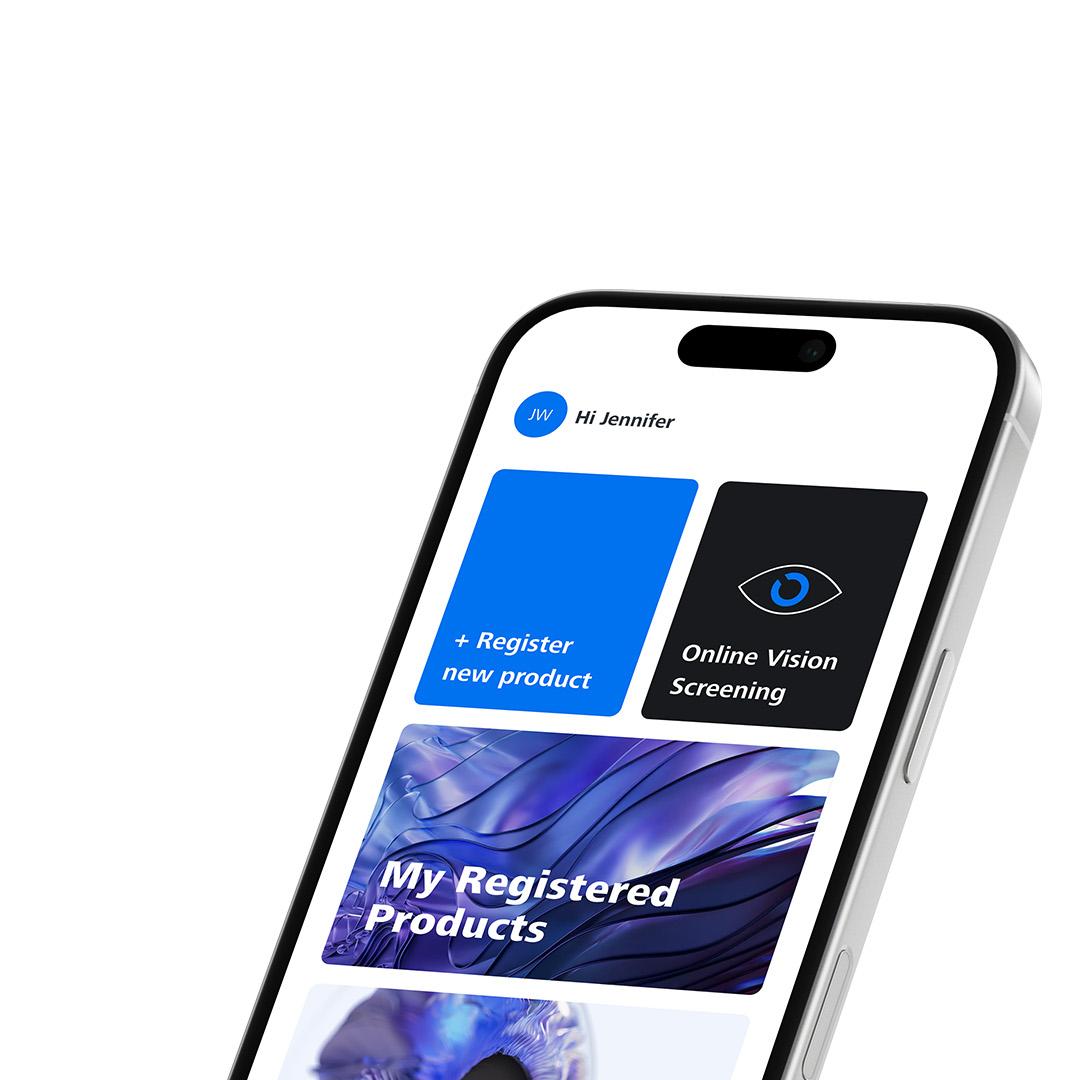 Smartphone mit geöffneter MyZEISS Vision Application. Dein Begleiter für Themen rund ums Auge.