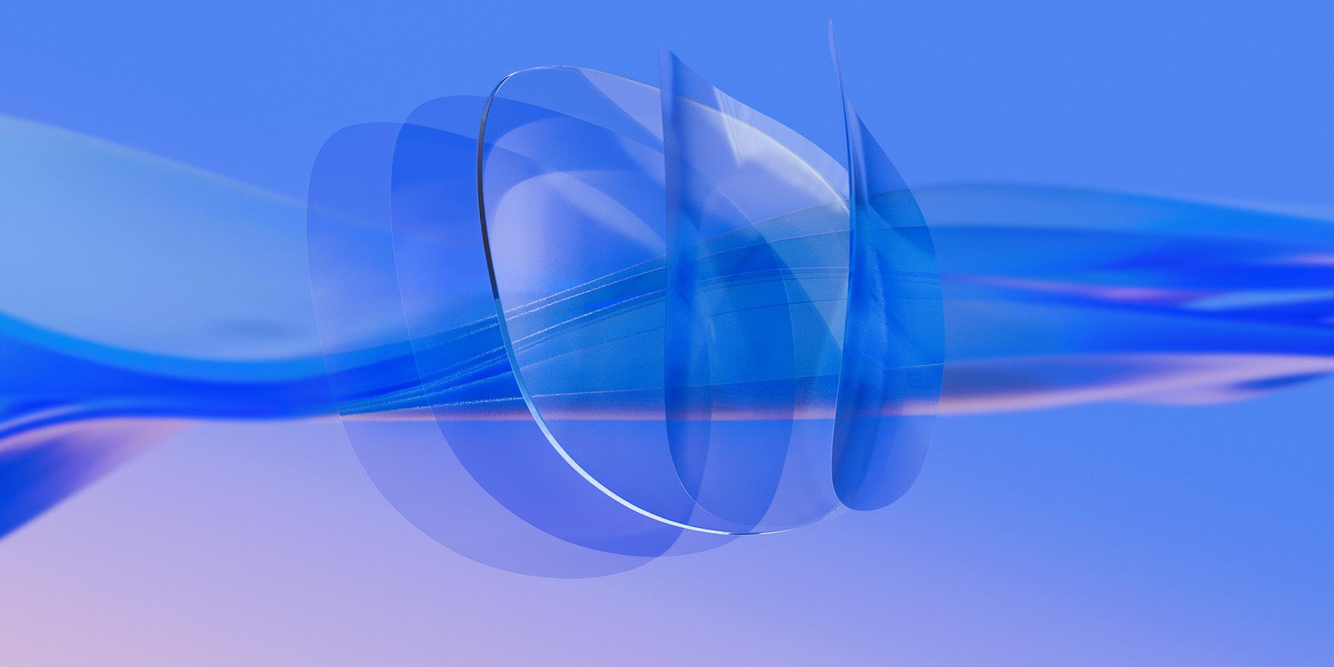 3D-CGI-Darstellung eines klaren ZEISS Brillenglases, auf dessen Vorder- und Rückseite mehrere ultradünne Brillenglasbeschichtungen aufgetragen sind.