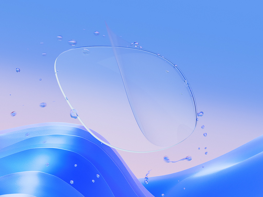 Eine CGI-Darstellung eines klaren Brillenglases, auf das eine dünne Beschichtung aufgetragen wird, die Wassertropfen wirksam abweist und die Klarheit sowie die schützenden Eigenschaften des Glases hervorhebt.