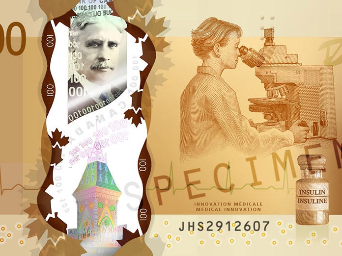 Nahaufnahme des kanadischen 100-Dollar-Scheins, auf dem unter anderem ein ZEISS Mikroskop abgebildet ist.