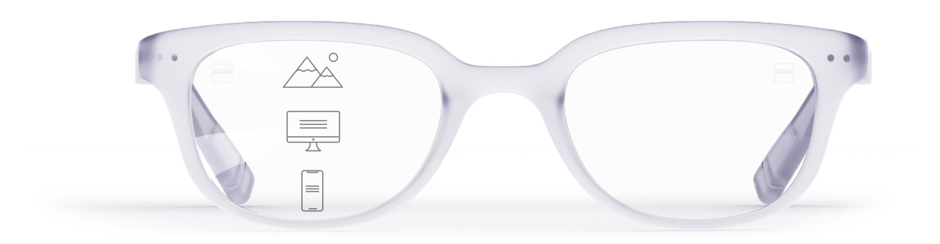 ZEISS SmartLife Gleitsichtgläser in einer stilvollen transparenten Fassung. Symbole markieren die verschiedenen Sichtzonen – die Zonen für Nahsicht, den mittleren Entfernungsbereich und Fernsicht